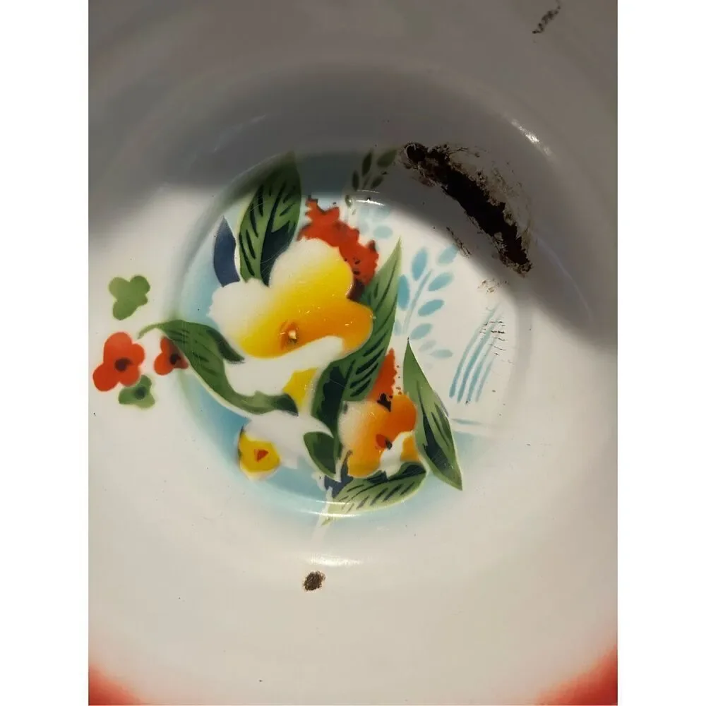 Vintage Large Floral Pattern Enamel Tin Serving Bowl Retro 12.5” repurposed